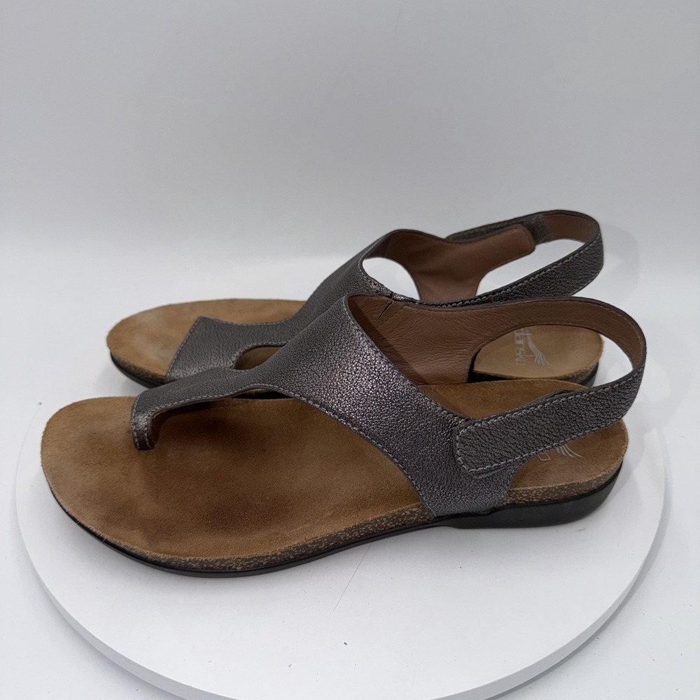 Dansko Reece Sandals Women's 40/10-10.5 Pewter Leather Toe Loop Cork Wedge Shoes